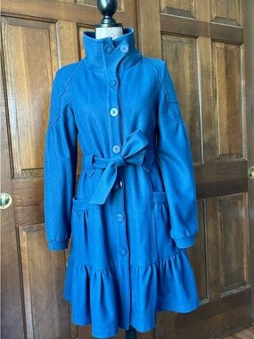 Nine West Blue Wool Blend Coat with Belt and Ruffle Hem